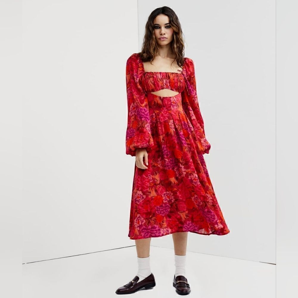 For Love & Lemons Nikki Red Floral Midi Dress Size Extra Small *Flawed*